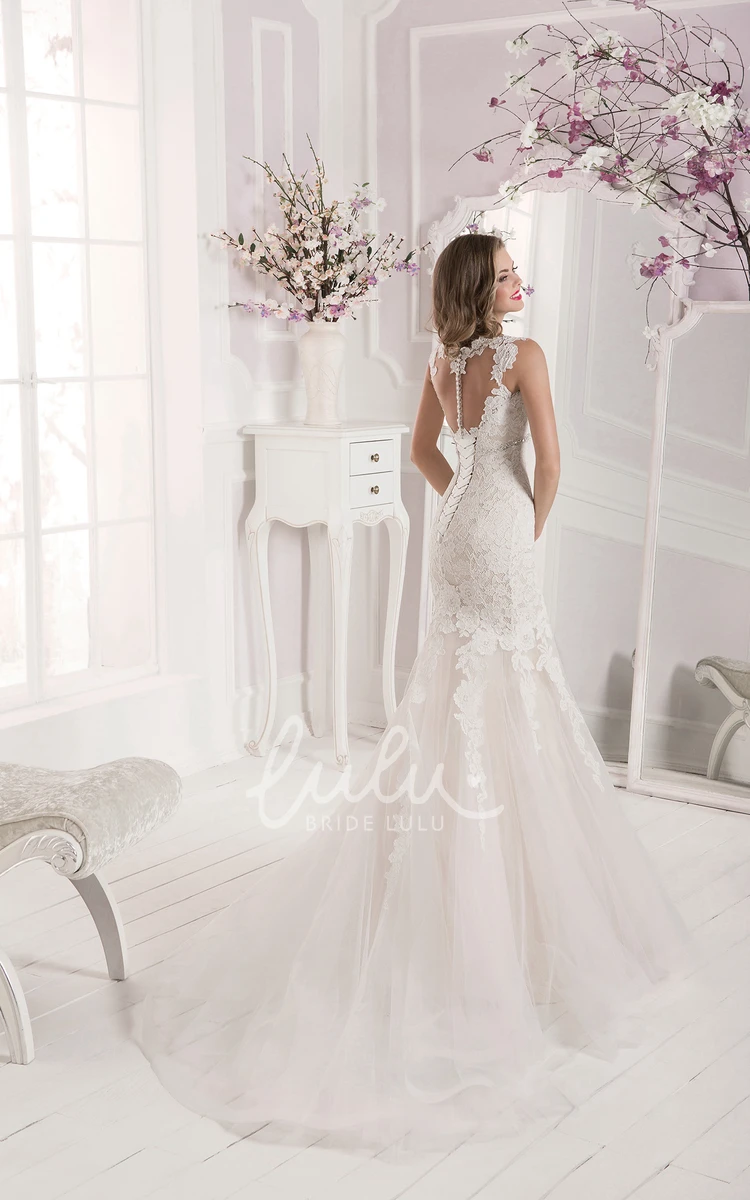 Crystal Detailing Lace&Tulle Mermaid Wedding Dress with Illusion Back