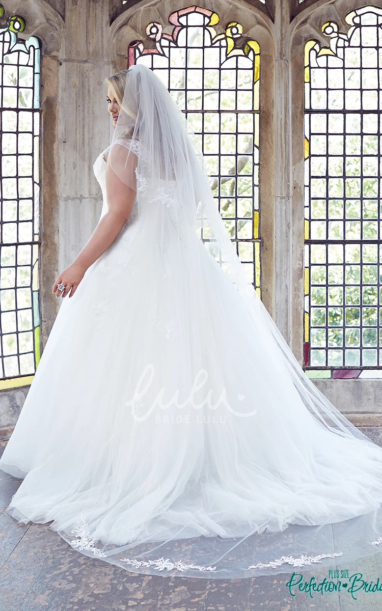 Plus Size Tulle Wedding Dress with Appliques Ball Gown Style with Scoop-Neck and Brush Train