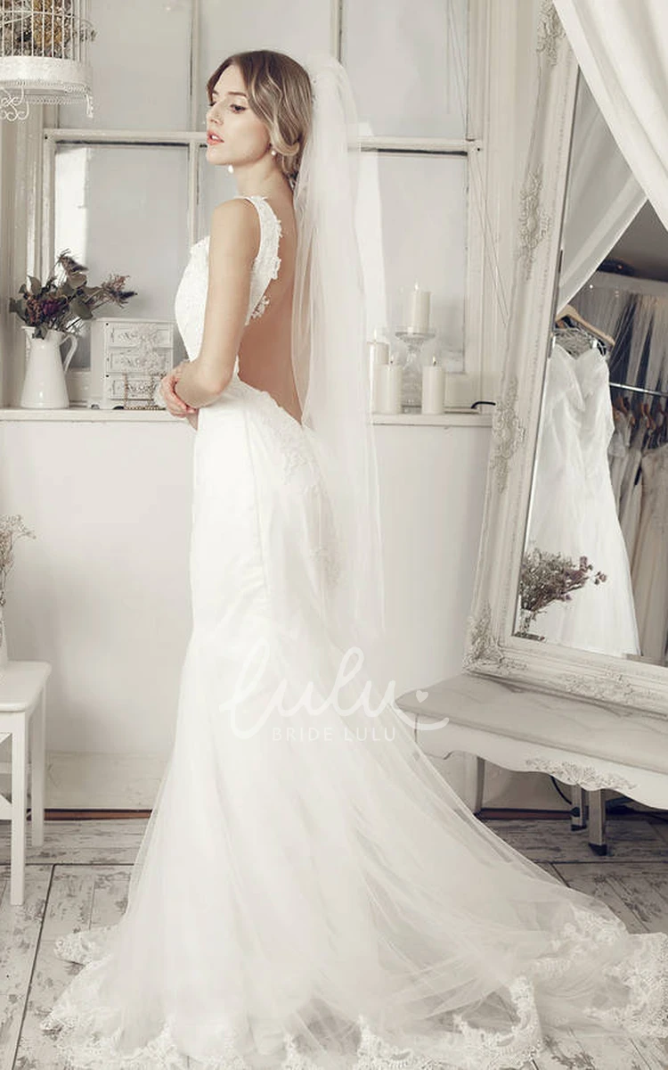 Lace Appliqued V-Neck Tulle Wedding Dress with Court Train Sleeveless Backless