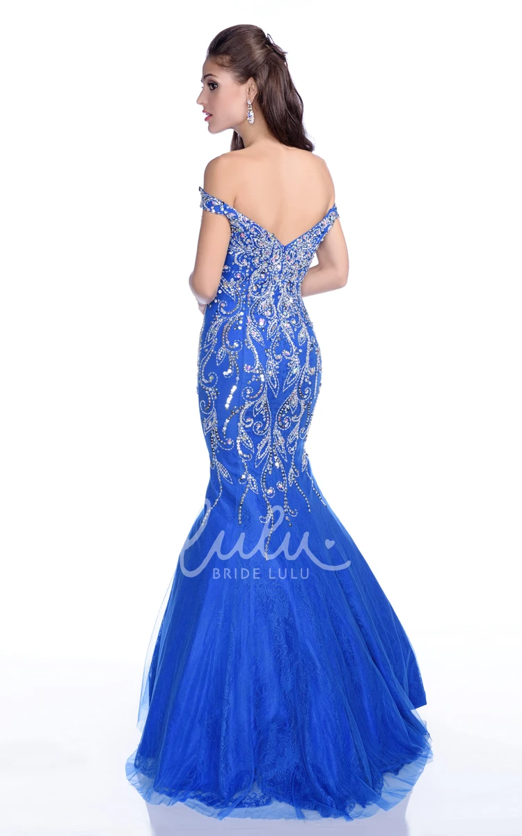 Off-The-Shoulder Tulle Crystal Trumpet Formal Dress with Low-V Back