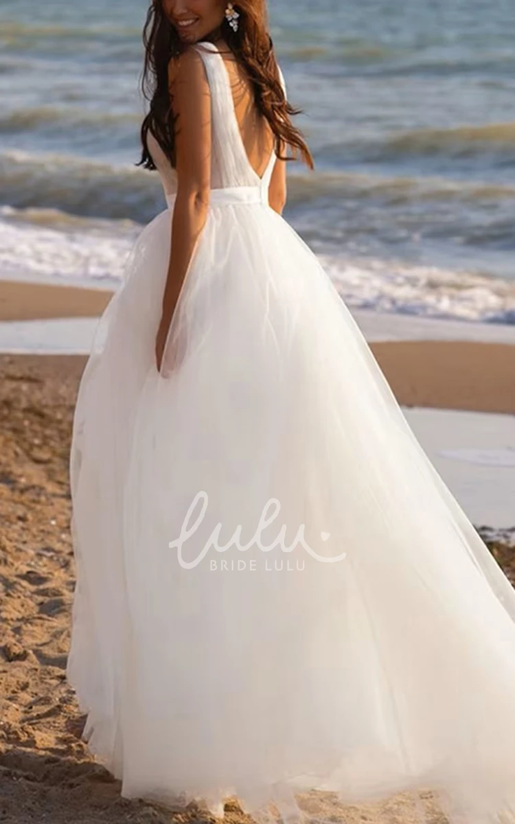 Outdoor Beach Casual A-Line Wedding Dress Romantic Airy Tulle Sleeveless V-Neck Brush Train Bridal Gown