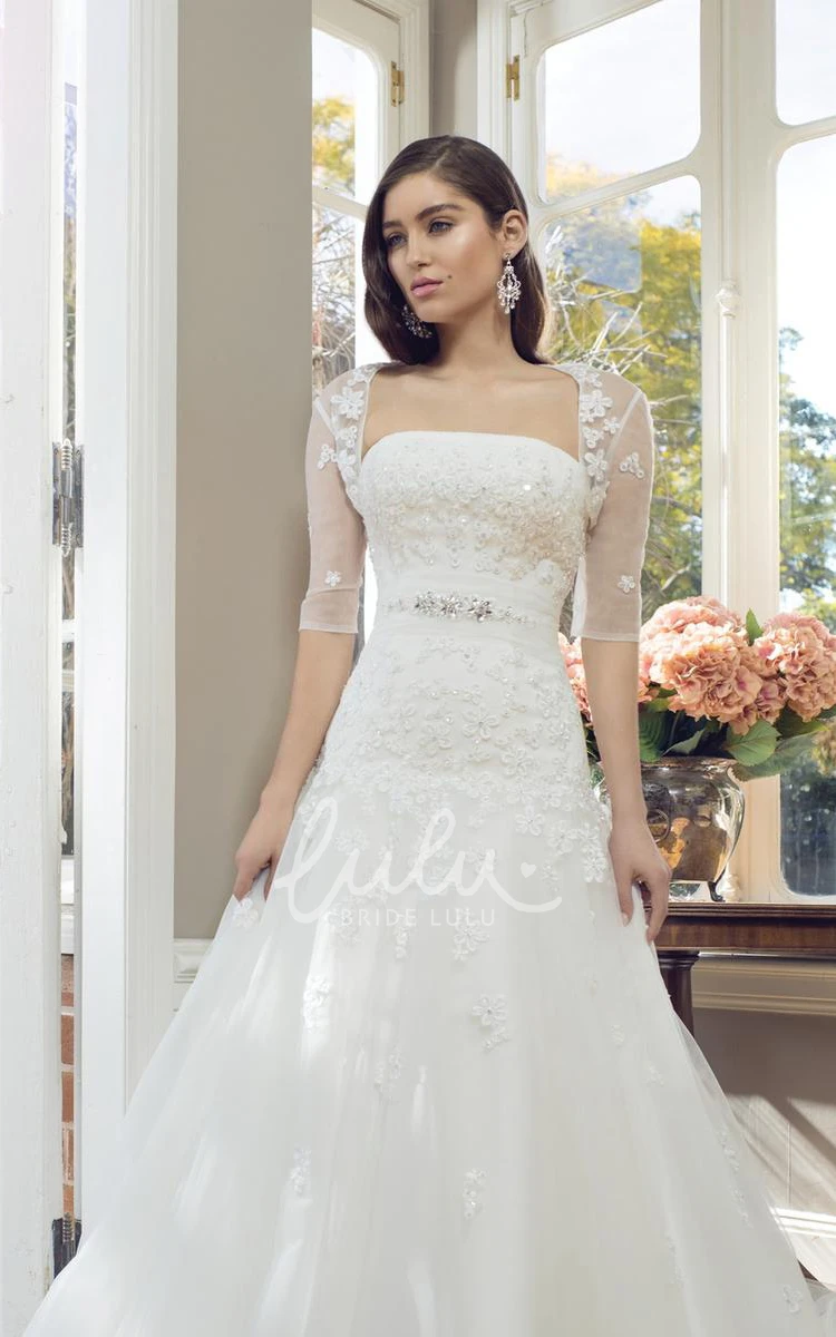 Appliqued Lace&Tulle Wedding Dress with Waist Jewelry A-Line