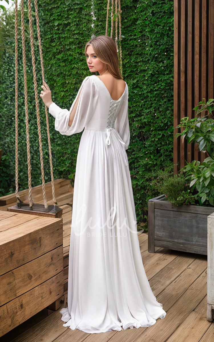 A-line Chiffon Split Long Sleeve Ethereal Deep-V Vintage Tied Back Long Dress