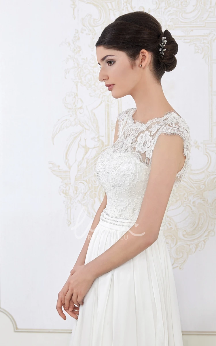 Pleated Appliqued Scoop-Neck Long A-Line Wedding Dress