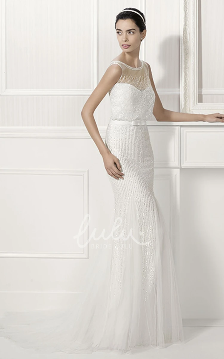 Sheath Tulle Wedding Dress with Jewel Neck V-Back and Belt