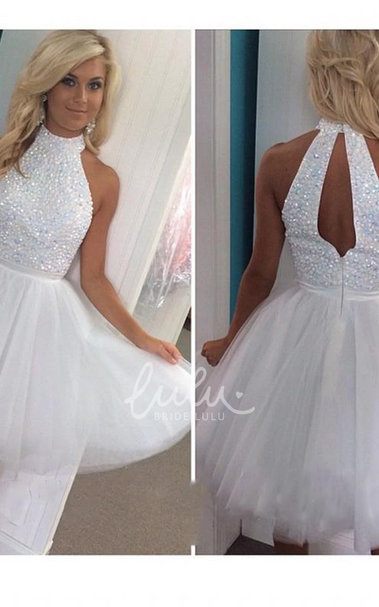 Short White Tulle Homecoming Dress with High-Neck and Sleeves