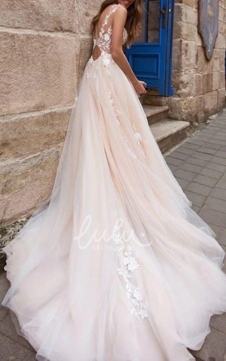 Casual Organza Beach Wedding Dress with Appliques A-Line Open Back