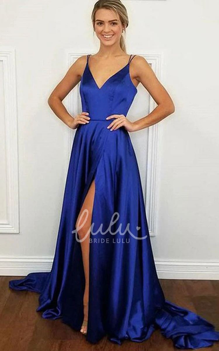 Sleeveless Satin A-Line Spaghetti Prom Dress with Split Front Floor-length