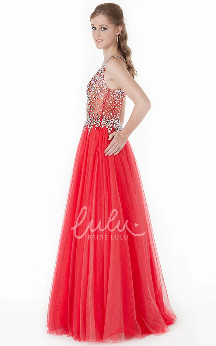 Crystal V-Neck A-Line Tulle Prom Dress Sleeveless Floor-Length with Pleats