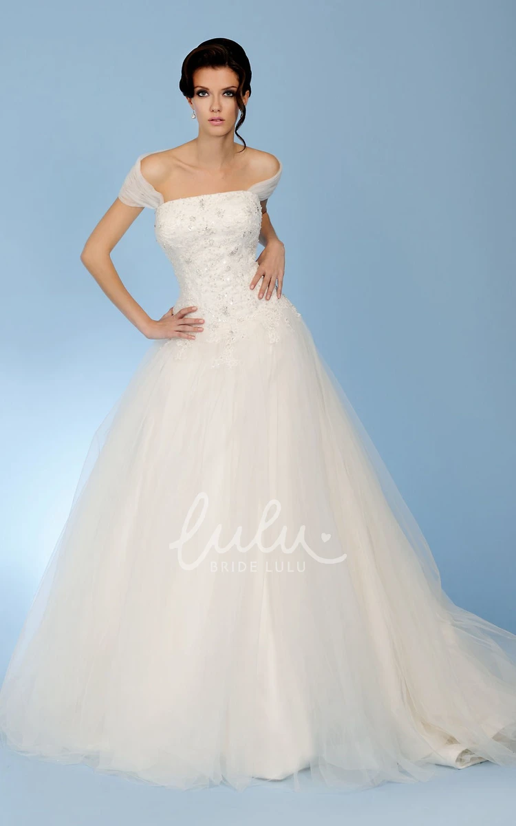 Strapless Appliqued Tulle Wedding Dress with Illusion Back and Court Train Ball-Gown Floor-Length