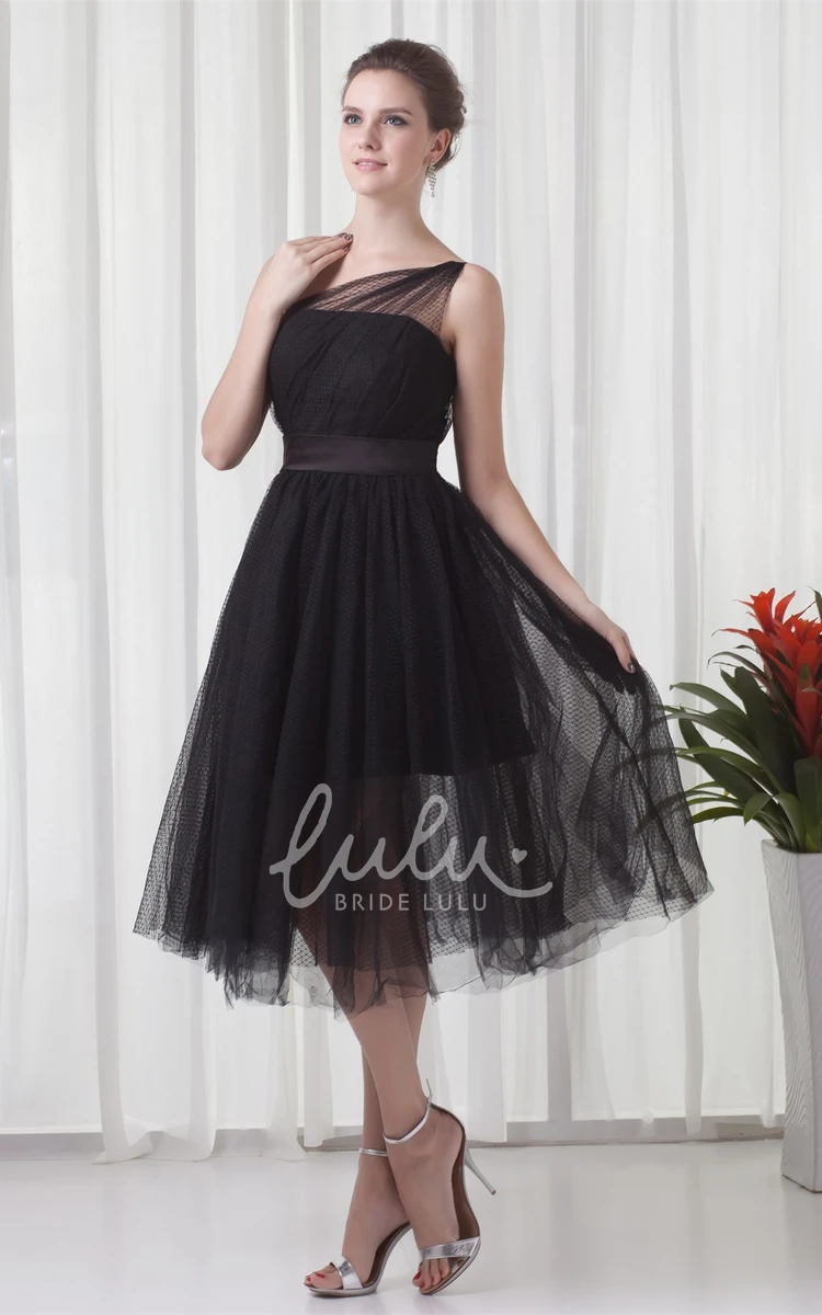 One-Shoulder Tulle A-Line Prom Dress Tea-Length Flowy Dress