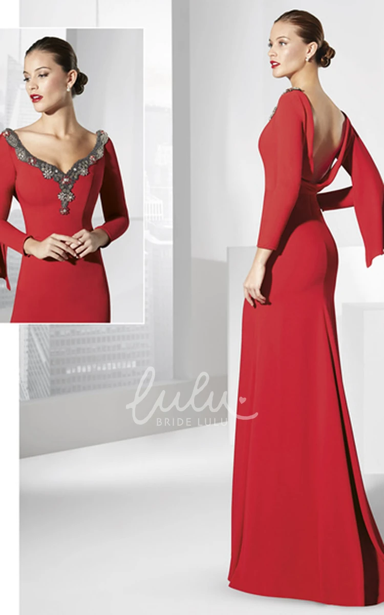 V-Neck Jersey Prom Dress Sheath Long Sleeve Floor-Length