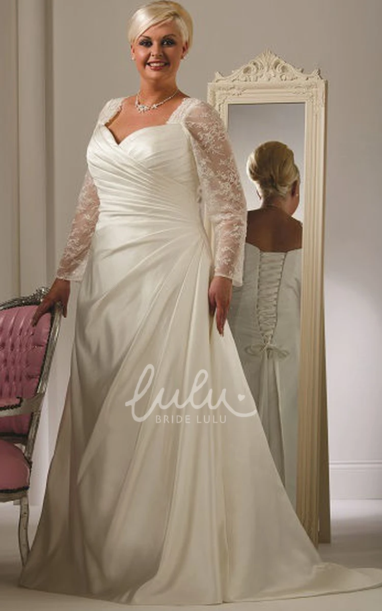 Plus Size Lace Up Taffeta Wedding Dress with Long Lace Sleeves