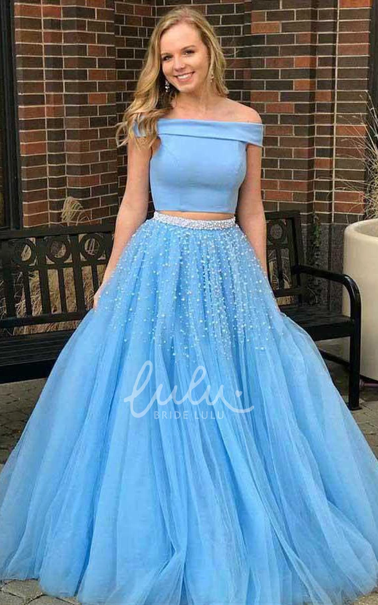 Satin Off-the-shoulder Two Piece Prom Dress with Tulle Unique Women's Dress