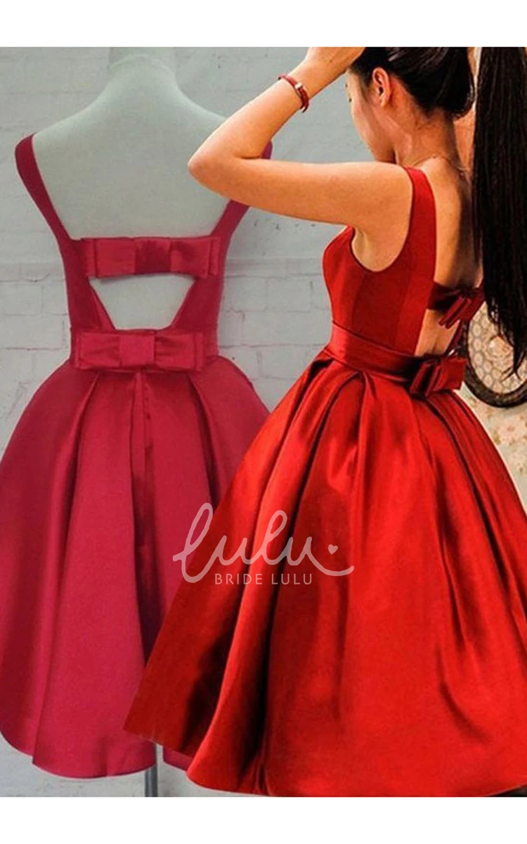 Tea-length Satin Ball Gown Sleeveless Ruching Bow Homecoming Dress