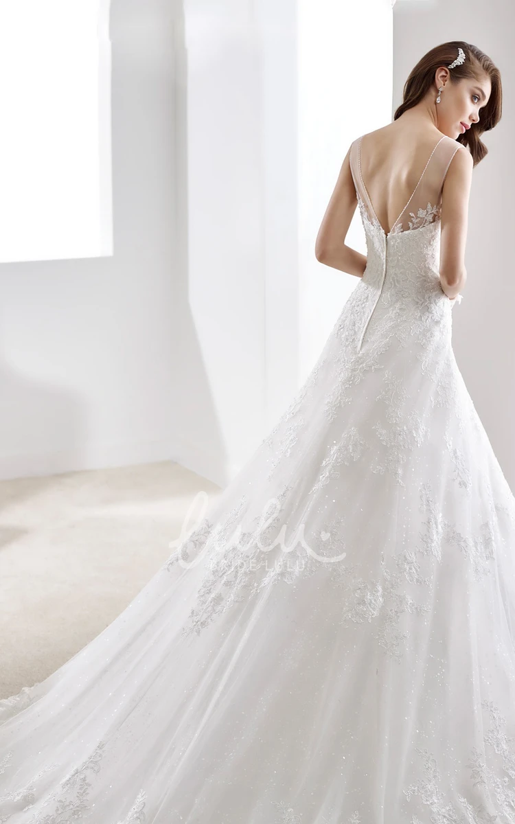Illusive Neckline Lace Gown with Brush-Train and V Back