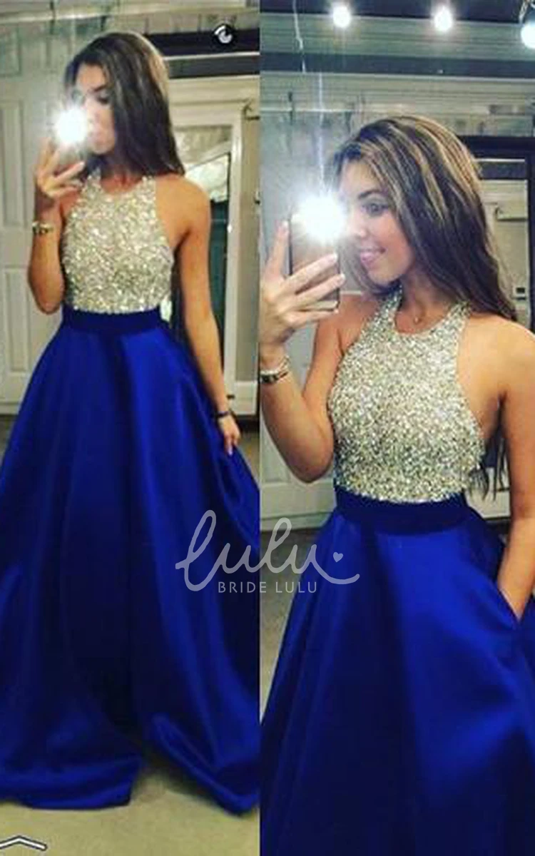 Halter Ball Gown Evening Dress with Beadings and Sleeveless Cut