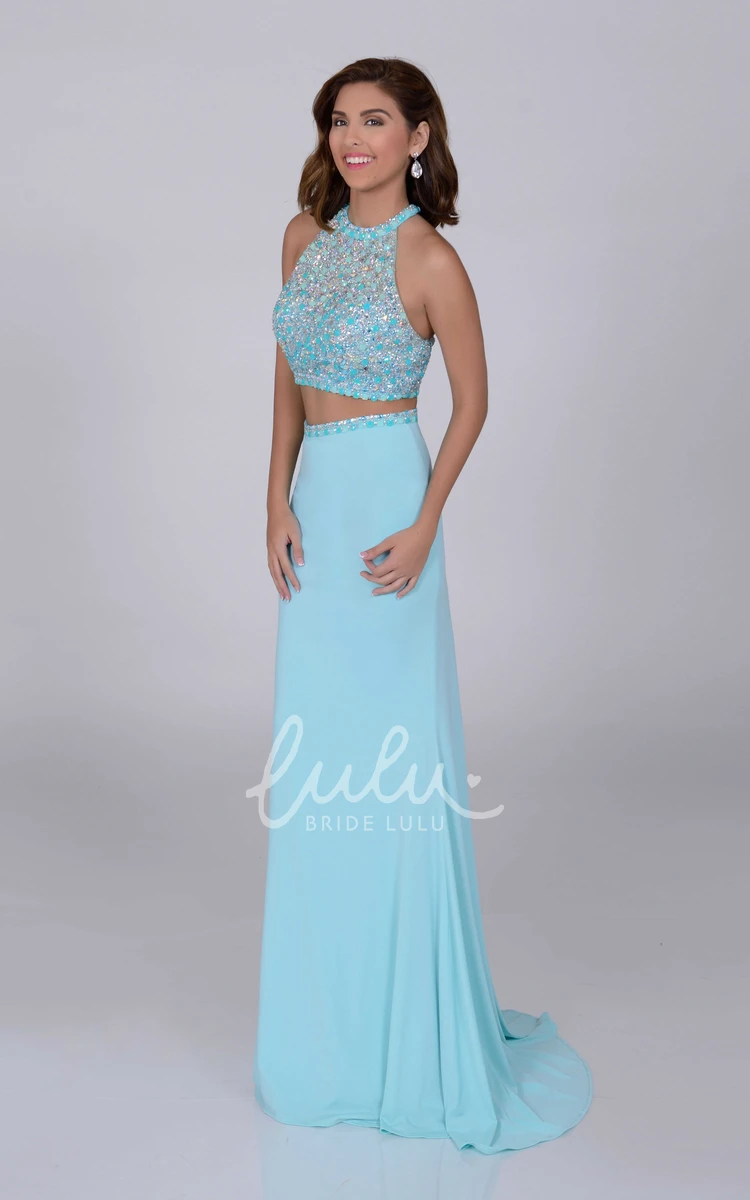 Crystal Bodice A-Line Sleeveless Prom Dress with Jersey Crop Top and Keyhole Back