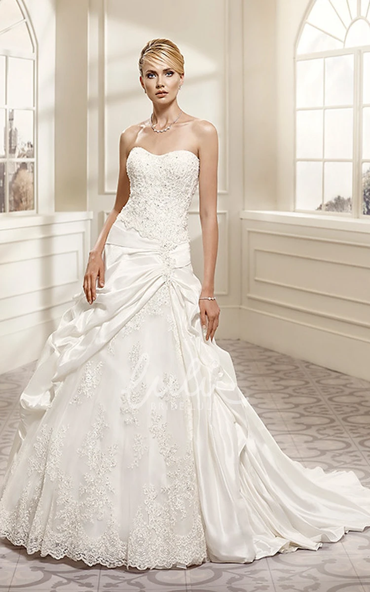 Strapless Satin&Lace A-Line Wedding Dress with Pick-Up Skirt