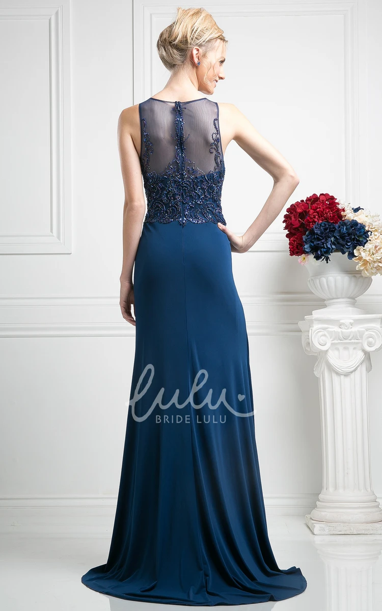 Long Sleeveless Scoop-Neck Sheath Jersey Bridesmaid Dress with Draping and Beading