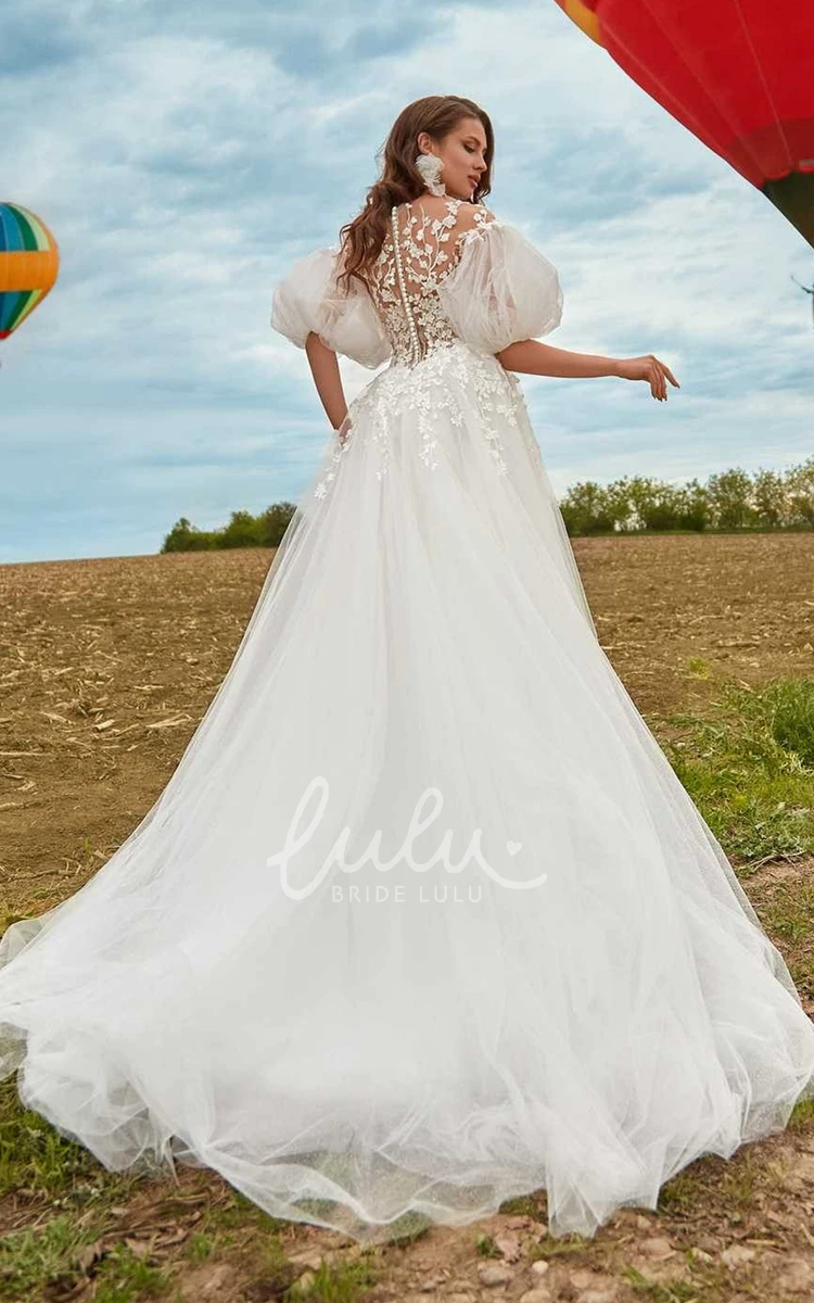 Tulle Court Train A-line Wedding Dress with Appliques Romantic and Dreamy