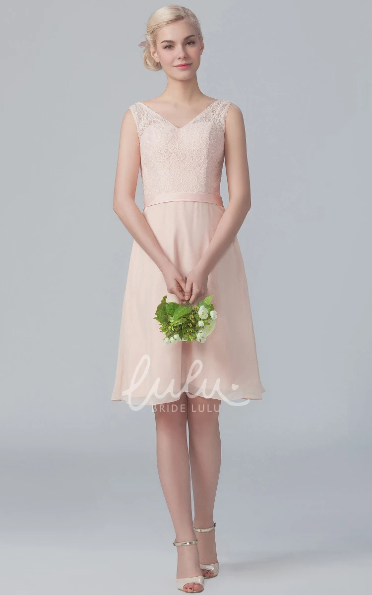 Lace Bodice Bridesmaid Dress Cap-Sleeved & Knee-Length