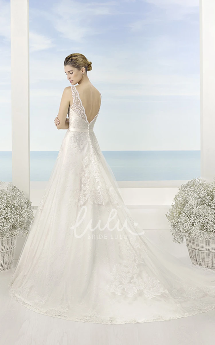 Bateau Maxi Lace & Satin Wedding Dress with Appliques & Deep-V Back A-Line