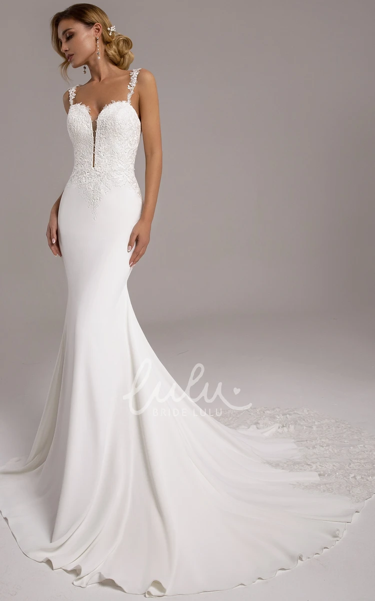 Mermaid Satin Plunging Neck Wedding Dress with Appliques Simple Satin Mermaid Wedding Dress with Appliques