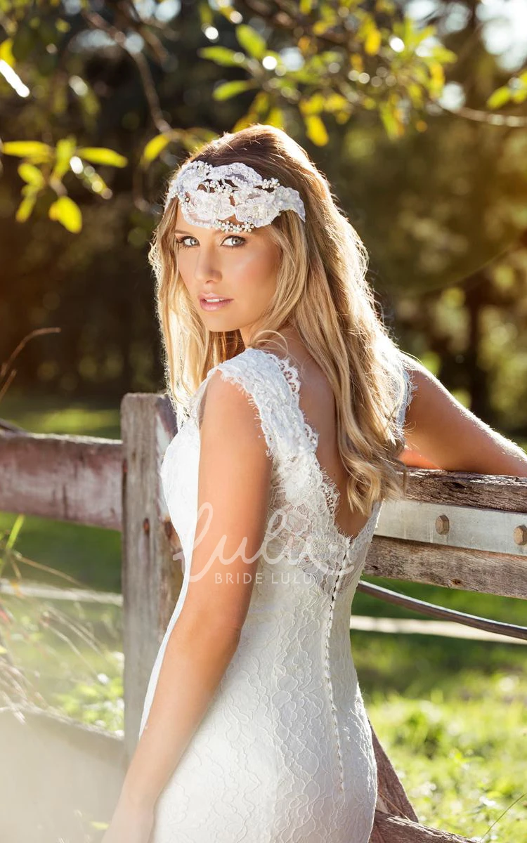 Trumpet V-Neck Lace Wedding Dress Floor-Length Sleeveless Bridal Gown with V Back