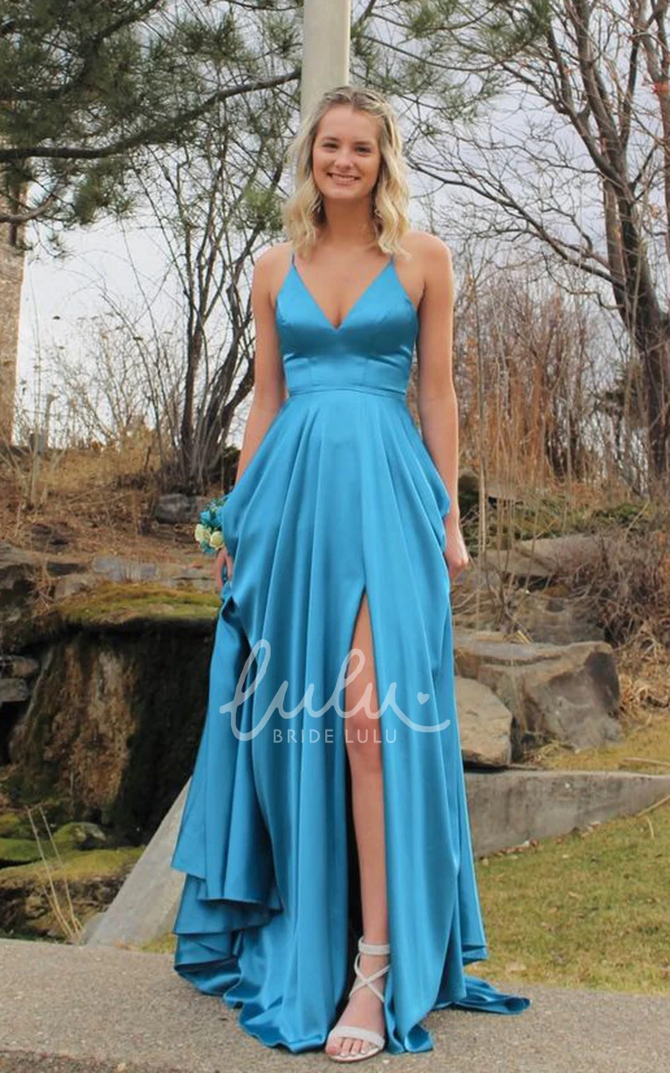 Sexy Sleeveless A-Line Prom Dress with Split Front in Pool Satin