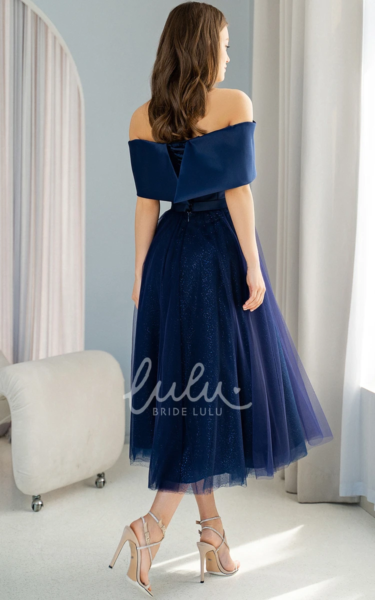 Off-the-shoulder Satin Tulle A-line Formal Dress Simple & Elegant