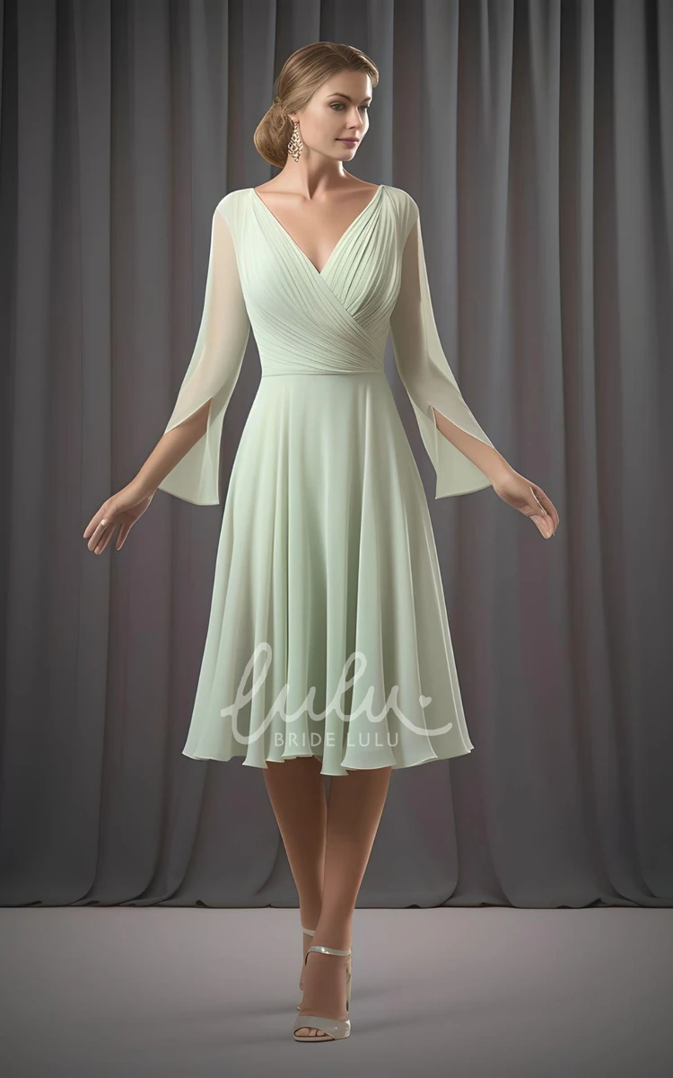 Elegant Knee-length Mother of the Bride Dress Chiffon A-Line V-neck 2024 Women