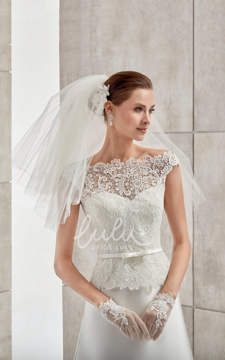 Lace Bodice Satin Wedding Dress with Cap-Sleeves and Jewel-Neckline