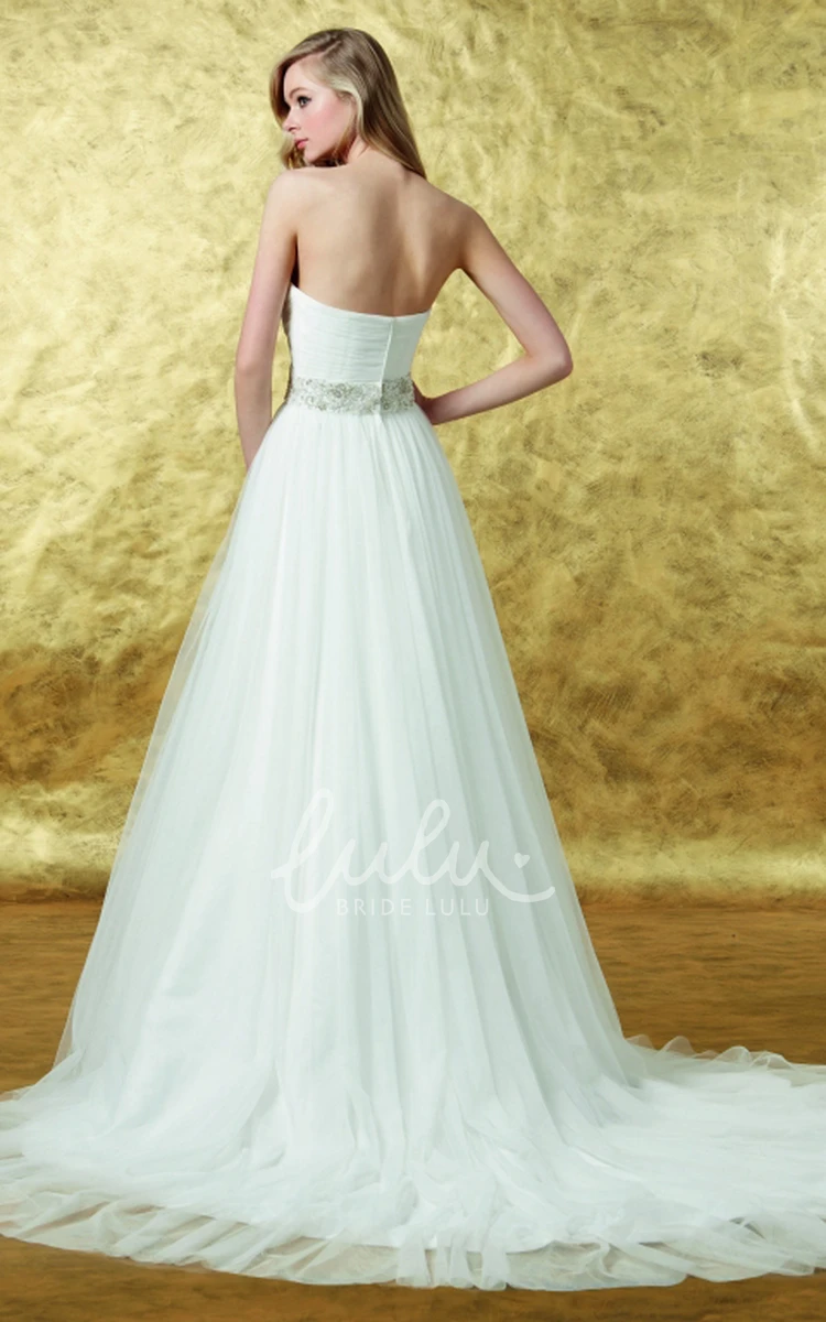 Tulle Jeweled Wedding Dress with V-Back and Court Train Sweetheart Neckline Floor-Length