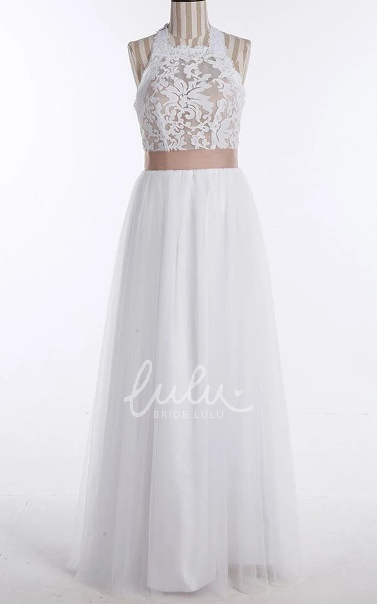 High Neck Lace A-Line Wedding Dress with Open Back and Tulle Skirt