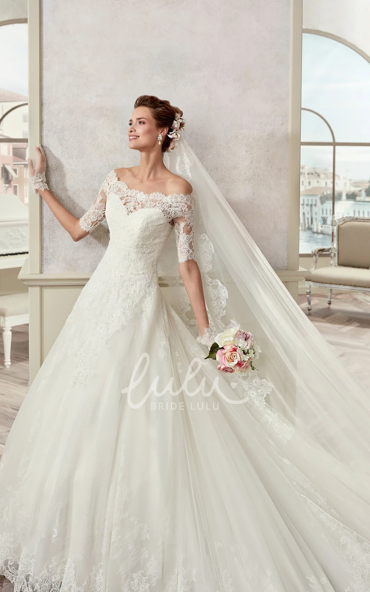 A-Line Bridal Gown with Scalloped Neckline and Half Sleeves Off-Shoulder
