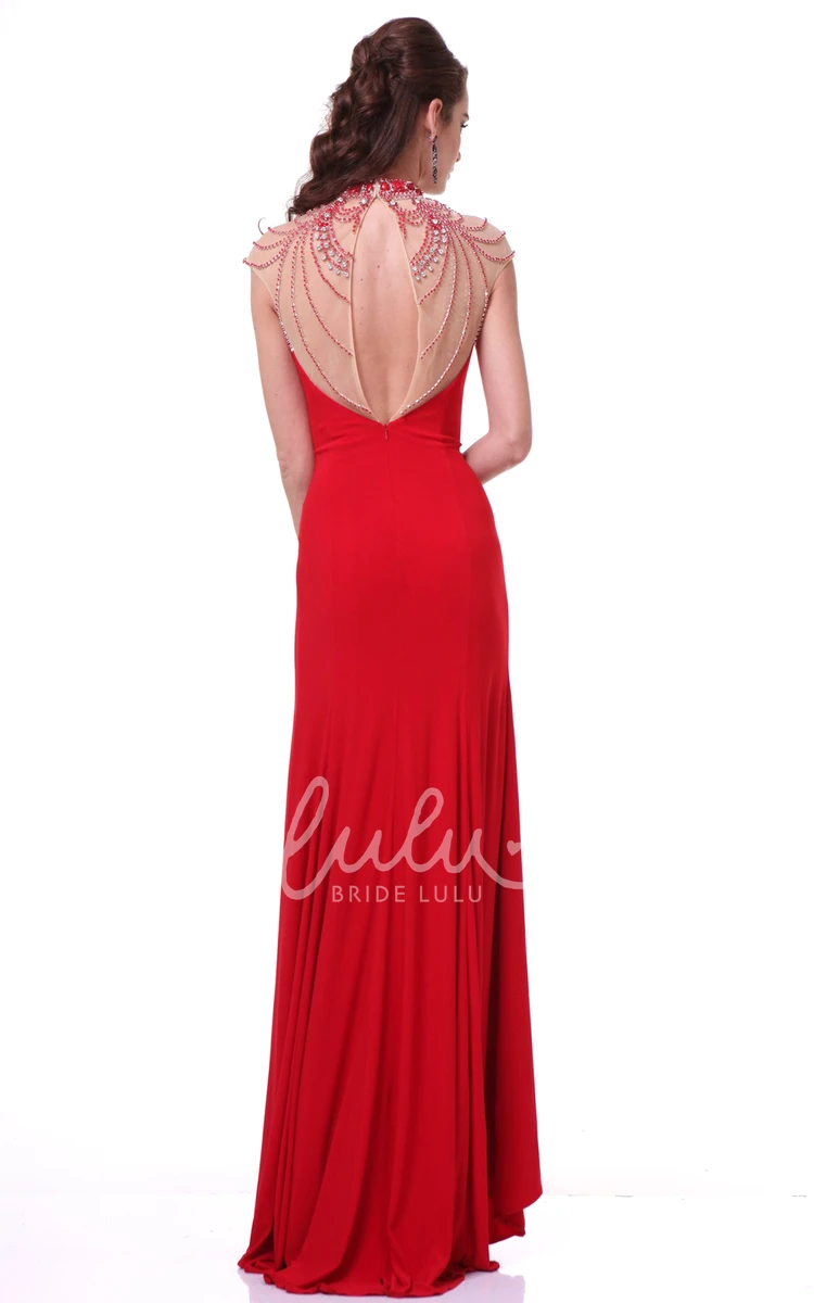 High Neck Cap-Sleeve Jersey Formal Dress With Crystal Detailing Sheath