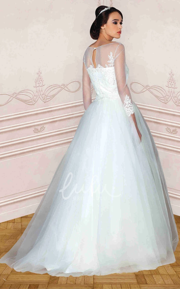 Tulle Long-Sleeve Wedding Dress with Appliques Scoop Neck Sweep Train Illusion Dress