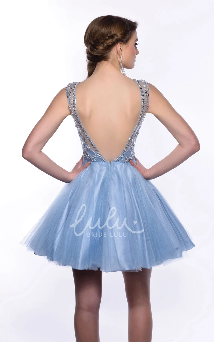 Beaded Tulle A-Line Homecoming Dress with Deep V-Back Elegant Prom Dress