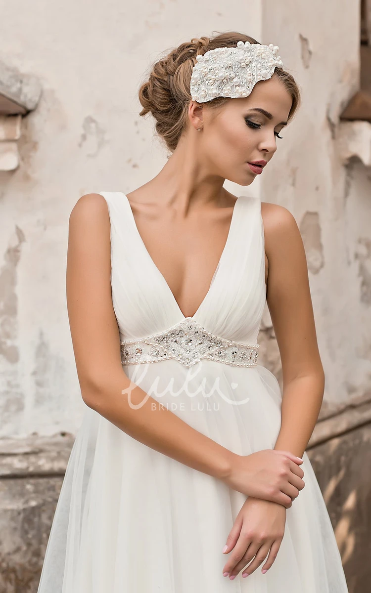 A-Line Chiffon Wedding Dress with V-Neck and Beading