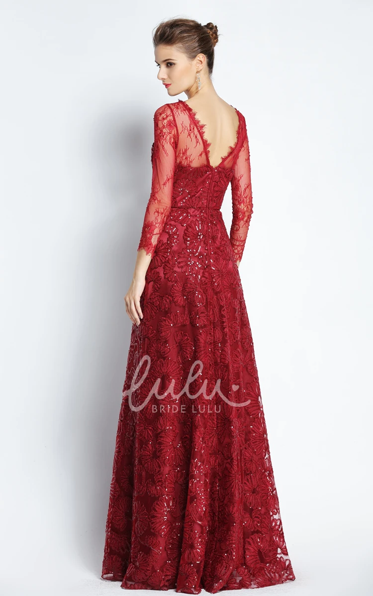 Scalloped Lace Long Sleeve A-Line Prom Dress Elegant Floor-length Women's Dress