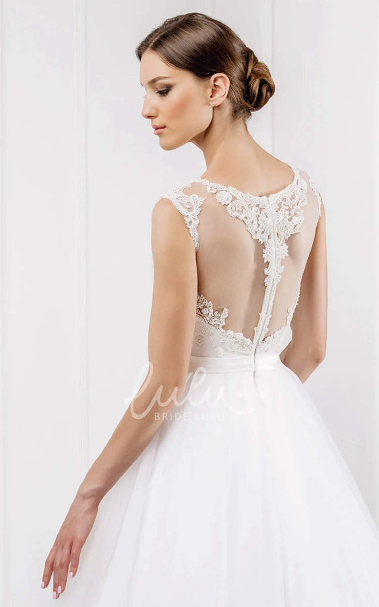 Illusion Appliqued Tulle Wedding Dress with Scoop Neckline Elegant Bridal Gown