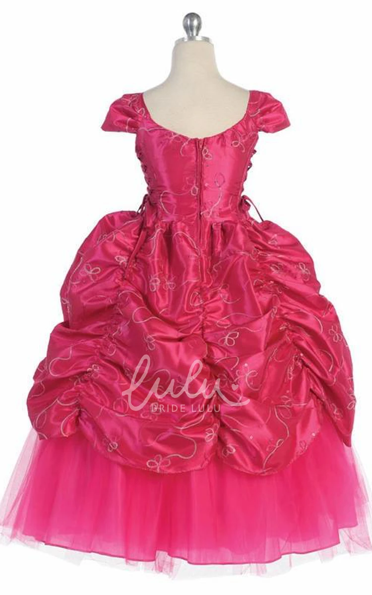 Embroidered Lace Flower Girl Dress with Brooch Ankle-Length Tiered