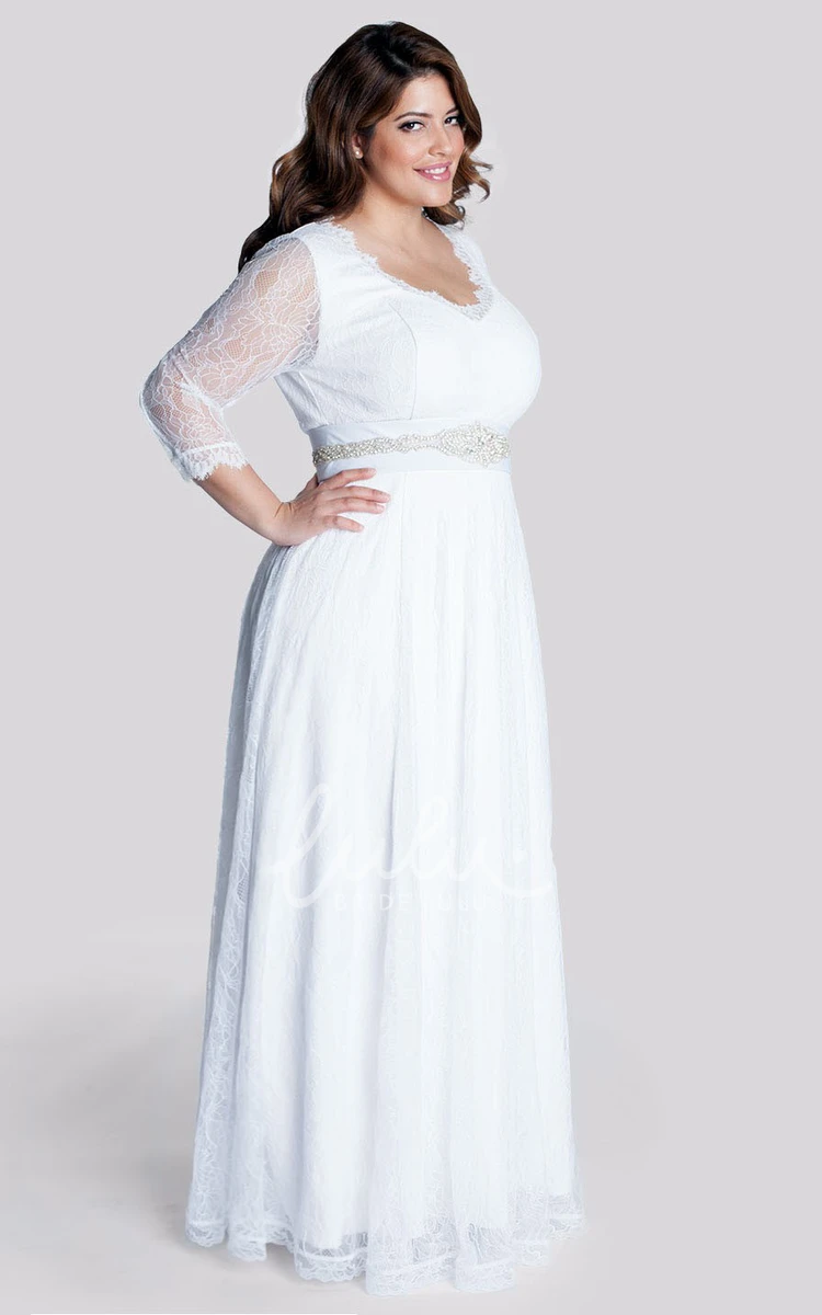 A-Line Lace V-Neck Wedding Dress with Long Sleeves and Jeweled Waist