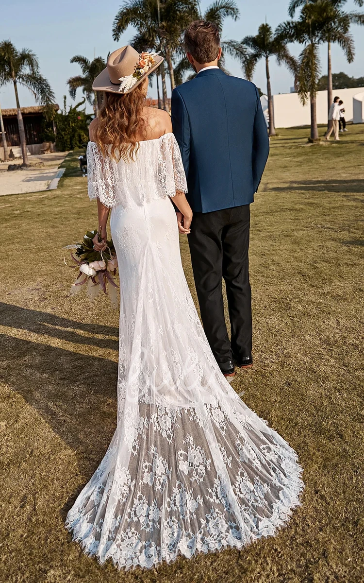 Beach Country Mermaid Boho Lace off the Shoulder Wedding Dress with Sweep Train Floral Casual Floor-Length Bridal Gown