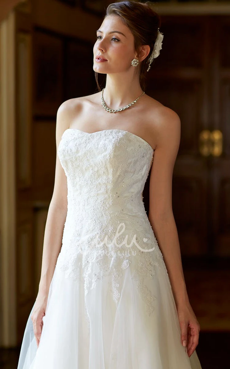 Appliqued Ball-Gown Tulle Wedding Dress with Backless Style and Court Train Strapless