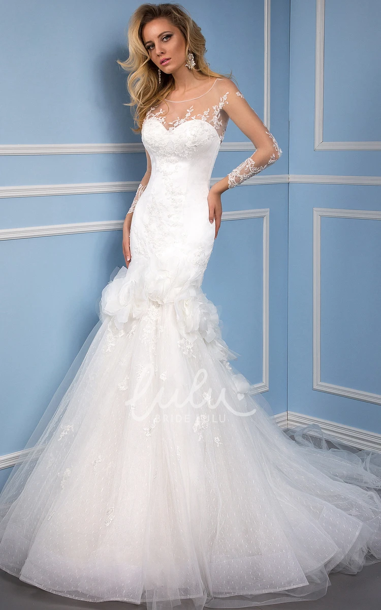 Floral Mermaid Tulle Wedding Dress with Long Sleeves