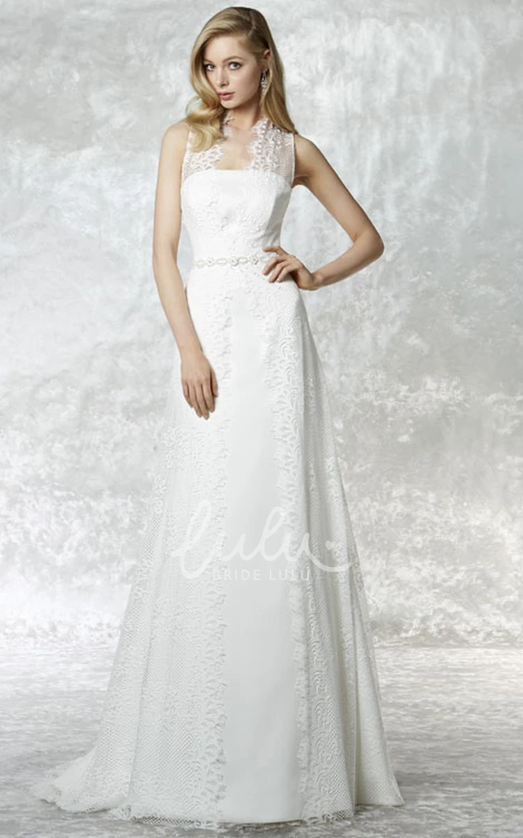 Illusion Lace Wedding Dress with Jeweled Accents and Sweep Train