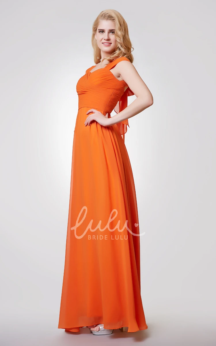 Long Cap Sleeve Chiffon Dress with Bow and Ruching Flowy Bridesmaid Dress