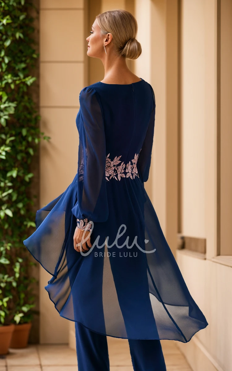 Modern V-neck Long Sleeve Two Piece Chiffon Elegant Lace Appliques Pleats Mother Evening Cocktail Dress with Zipper Back